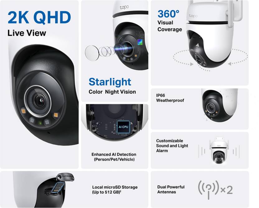 TP-Link Tapo C520WS Outdoor Pan/Tilt Wifi 1080p 2K QHD WiFi Security Camera (512 GB, 1 Channel)