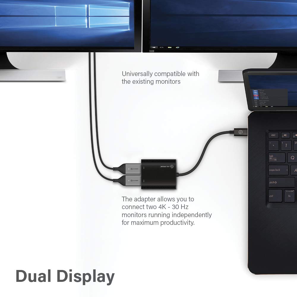 ALOGIC USB-C to Dual HDMI 2.0 Adapter – 4K@30Hz ; Compatible with Windows 10