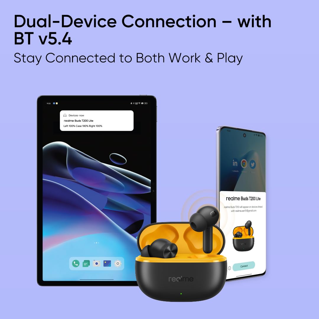 realme Buds T200 Lite Bluetooth in Ear Earbuds,4 Mic, AI ENC for Calls,48 Hours Total Playback with Fast Charging and Low Latency Gaming TWS,Google Fast Pair, with mic