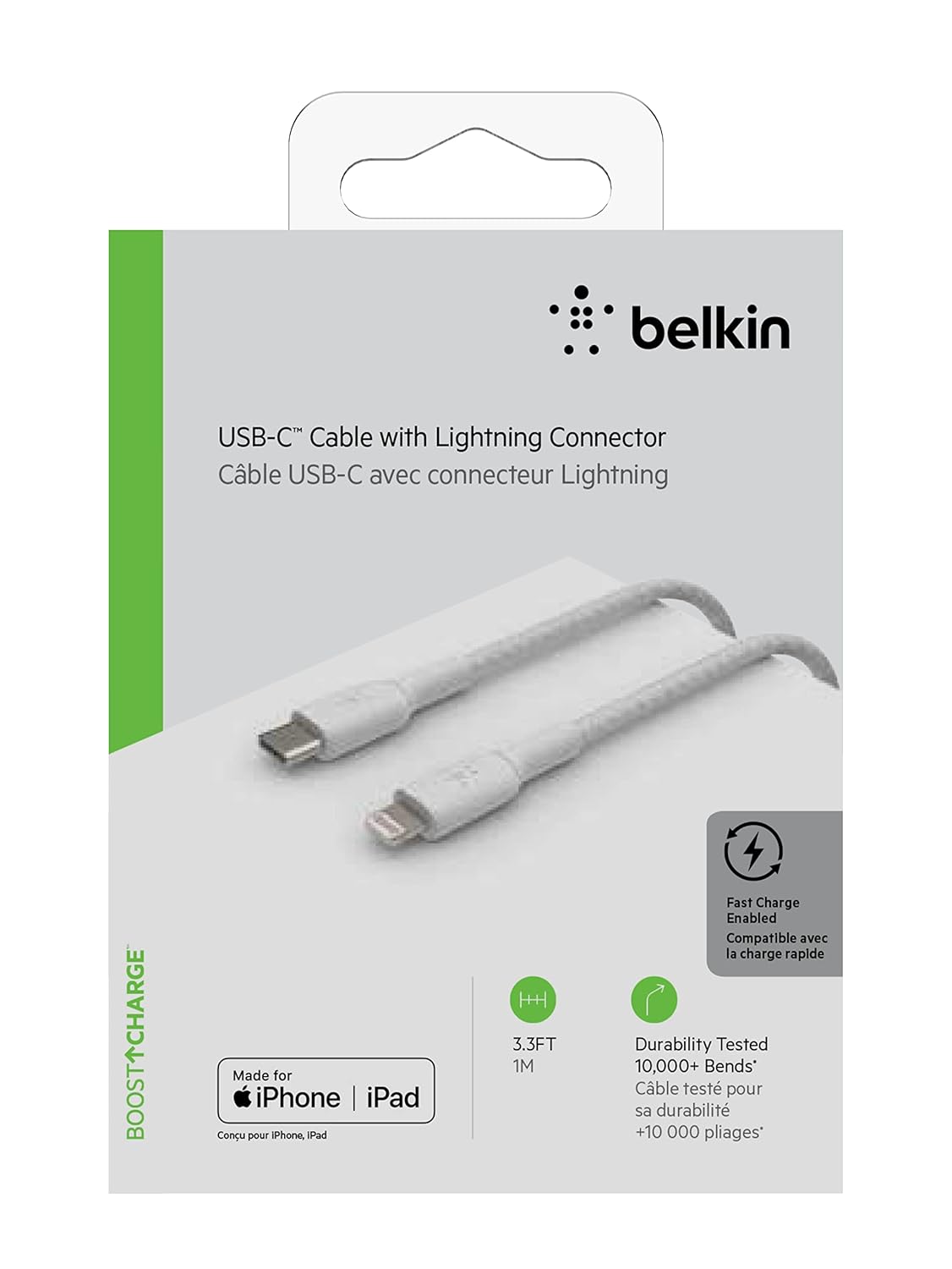 Belkin Apple Certified Braided Lightning to USB-C Charge and Sync Data Cables, 3.3 Feet / 1M, White