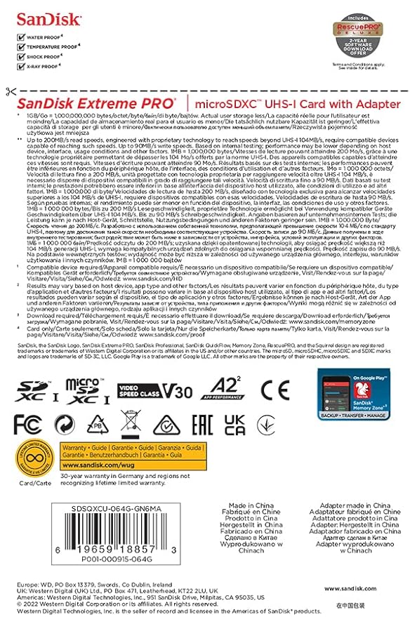 SanDisk Extreme Pro 64GB microSDXC UHS-I, V30, 200MB/s Read, 90MB/s Write, Memory Card for 4K Video on Smartphones, Action Cams and Drones