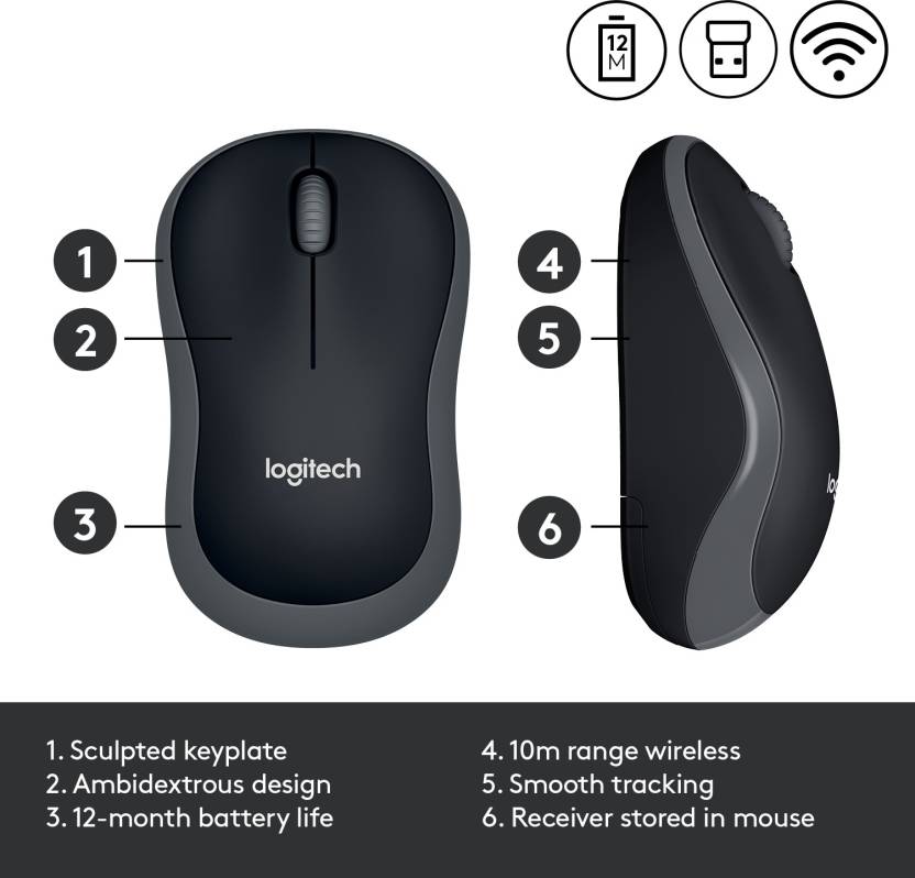 Logitech M185 / 12-Month Battery Life, 1000 DPI Optical Tracking, Ambidextrous Wireless Optical Mouse (2.4GHz Wireless, Grey)