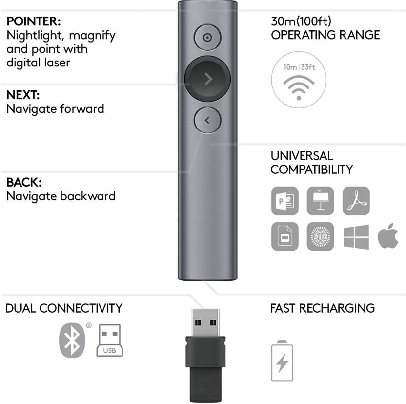 Logitech Spotlight 2.4 GHz and Bluetooth, USB-Receiver, Laser Pointer Connectivity Wireless Presentation Remote Presenter (Slate)