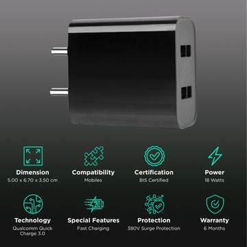 Mi 18W Type A 2-Port Fast Charger (Adapter Only, 380V Surge Protection, Black)