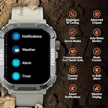 Fastrack Jupiter S2 Rugged Smart Watch 5 days Battery Life UltraVU HD Display, Functional Crown, BT Calling, 100+ sports modes, Health Monitor with Auto Stress, 24x7 Heart Rate, Sleep Tracker, Spo2 & Women's Health Bluetooth Calling