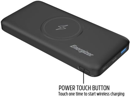 Energizer 10000 mAh Wireless Fast Charging Power Bank, Triple Outputs - Wireless, Smart USB-A 18W, USB-C Power Delivery Output, Dual inputs - USB-C and micro-USB,