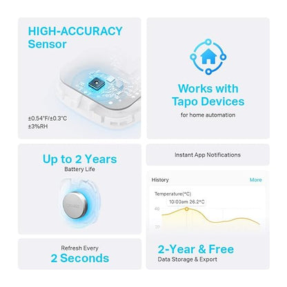 Tapo Smart Temperature & Humidity Sensor, Free Data Storage, Real-Time Notifications, Battery Included, Work With Alexa And Google Home, Hub Required Sold Separately, White (T310)