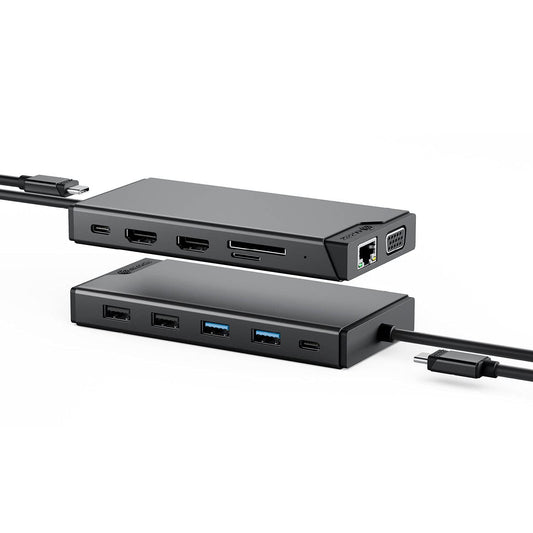 ALOGIC Dual Display USB-C 12-in-1 Mini Docking Station, FHD (1920 x 1080) @60Hz, 2x HDMI, 1x VGA, 100W PD, 2x USB-C, 2x USB-A 2.0, 2x USB-A 3.0, RJ45, MicroSD & SD Card Reader, Plug & Play, MacBook/Surface & other USB-C devices compatible.