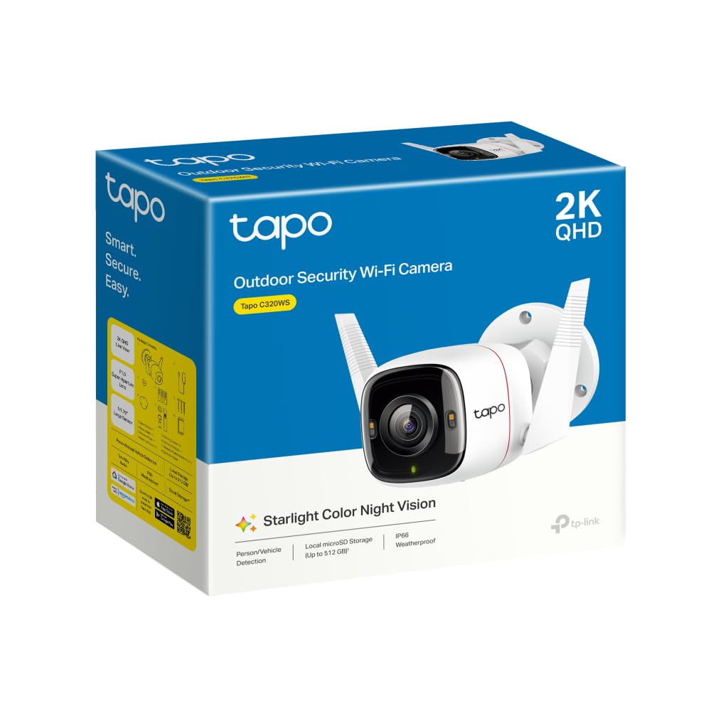 Tapo 4MP 2K QHD (2560X1440) Outdoor CCTV Security Wi-Fi Smart Camera -Alexa Enabled -Weatherproof -Full Color Starlight Night Vision -2-Way Audio -Up to 256 GB SD Storage - C320Ws- White