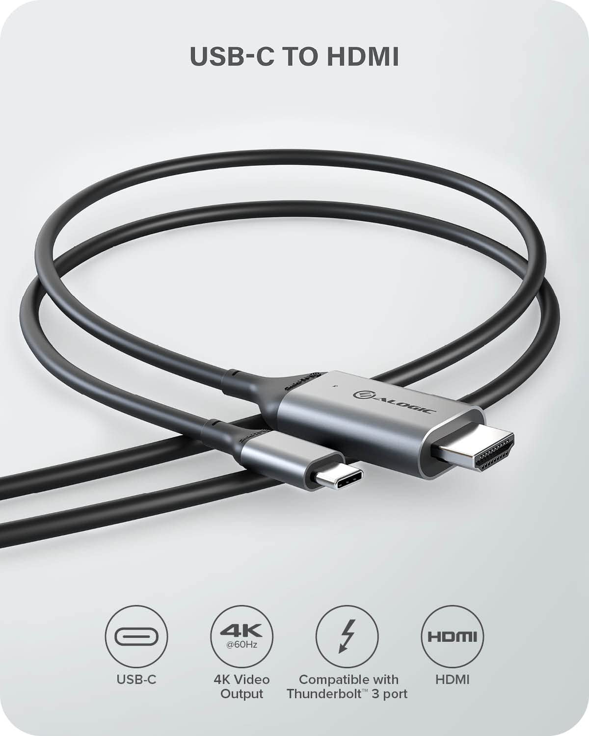 ALOGIC 2m Ultra USB-C (Male) to HDMI (Male) Cable - 4K @60Hz - Space Grey for MacBook Pro 2019/2018/2017, MacBook Air/iPad Pro 2019/2018, Samsung S10, Surface Book 2 and More