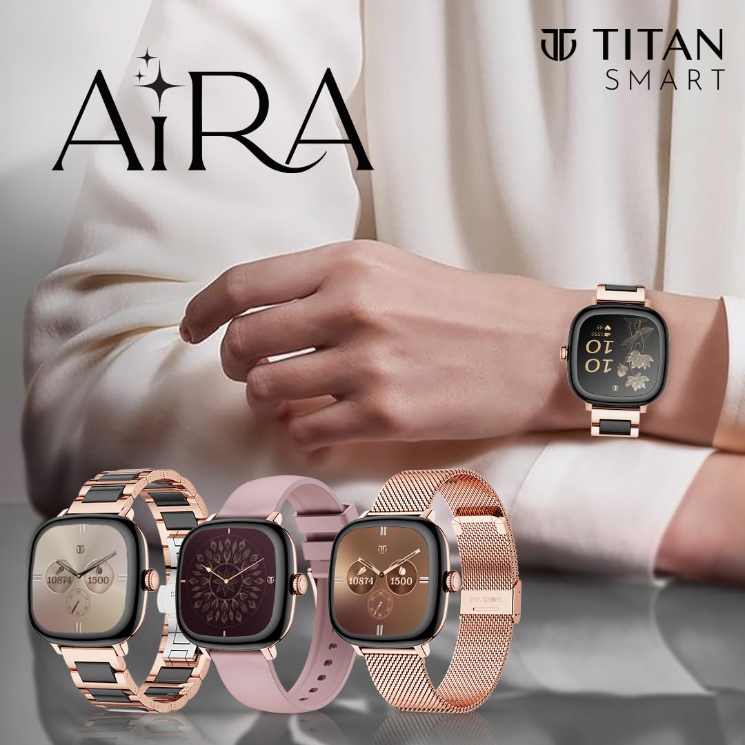 Titan AiRA 1.70" AMOLED Metal Case Square Display Smart Watch with Silicone Strap Stress Monitoring, 1000 Nits, Functional Crown, AI Enabled, IP68 Water Resistant Upto 7 Days Battery Life
