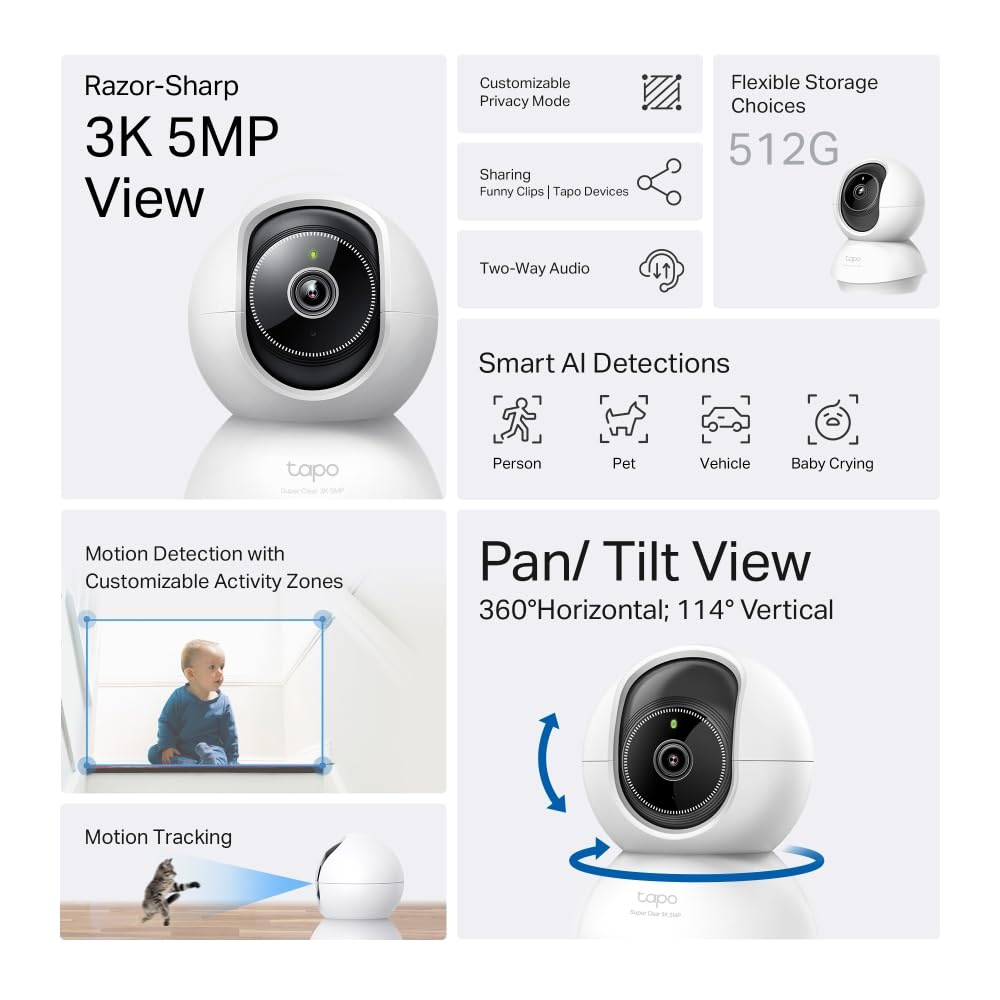 Tapo C230 Smart Pan/Tilt AI Home Security Wi-Fi Camera 3K 5MP 1620p, Two-Way Audio, Voice Control, Night Vision, Baby Crying Detection, Motion Tracking, Smart AI Detection and Notifications