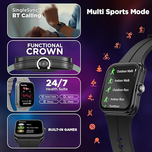 Fastrack VOX Neo Smart Watch with 1.91‚Äù Curved TFT Display, Rotary Crown, Offline Voice Commands,To-Do list, BT Calling, 24/7 Health Suite, SpO2, HRM, Sleep Tracking, IP68 Water Resistant