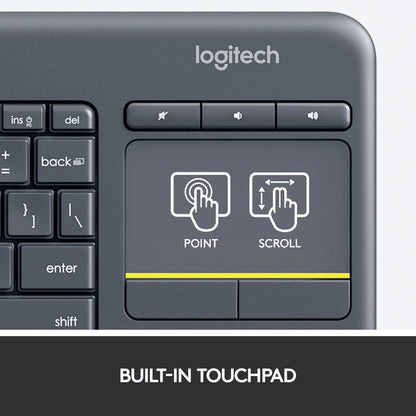 Logitech K400 Plus Wireless Touch TV Keyboard with Easy Media Control and Built-in Touchpad, HTPC Keyboard for PC-Connected TV, Windows, Android, Chrome OS, Laptop, Tablet - Black