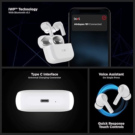 boAt Airdopes 161 TWS in Ear Earbuds with ASAP Charge, 17H Playtime, IWP, Bluetooth, Immersive Audio, IPX5, Touch Controls