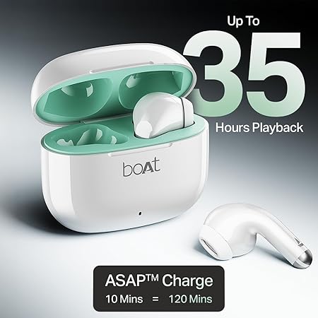 boAt Airdopes 101v2, 35H Battery, ENx Tech, 13mm Drivers, ASAP Charge, Flex-Fit Ear Tips,Stream Ad Free Music via App Support, Bluetooth Earbuds, TWS Ear Buds Wireless Earphones with mic