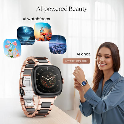 Titan AiRA 1.70" AMOLED Metal Case Square Display Smart Watch with Silicone Strap Stress Monitoring, 1000 Nits, Functional Crown, AI Enabled, IP68 Water Resistant Upto 7 Days Battery Life