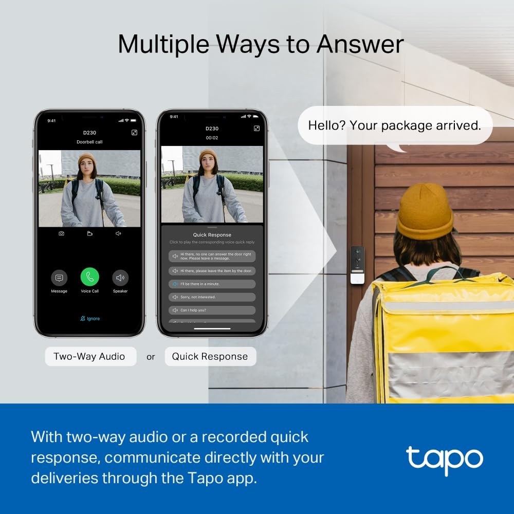 TP-Link Tapo D230S1 2K 5Mp/1920p Smart Wireless Security Video Doorbell,Battery-Powered,Two-Way Talk,Ip64,Colour Night Vision,Cloud &Local Storage,Compatible with Alexa&Google Home,Easy Installation