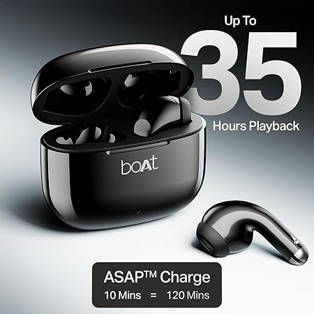 boAt Airdopes 101v2, 35H Battery, ENx Tech, 13mm Drivers, ASAP Charge, Flex-Fit Ear Tips,Stream Ad Free Music via App Support, Bluetooth Earbuds, TWS Ear Buds Wireless Earphones with mic