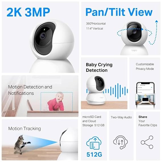 TP-Link Tapo TC71 Pan/Tilt 2K/3MP WiFi, 360¬∞ View, Twoway Audio, Alexa , Indoor Security Camera (1 Channel)