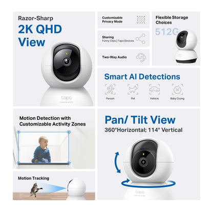 Tapo C220 Pan/Tilt Smart AI 2K 4MP QHD 1440p Home Security Wi-Fi Camera| Alexa & Google Assistant Enabled |Night Vision|Two-Way Audio| Motion Detection