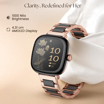 Titan AiRA 1.70" AMOLED Metal Case Square Display Smart Watch with Silicone Strap Stress Monitoring, 1000 Nits, Functional Crown, AI Enabled, IP68 Water Resistant Upto 7 Days Battery Life