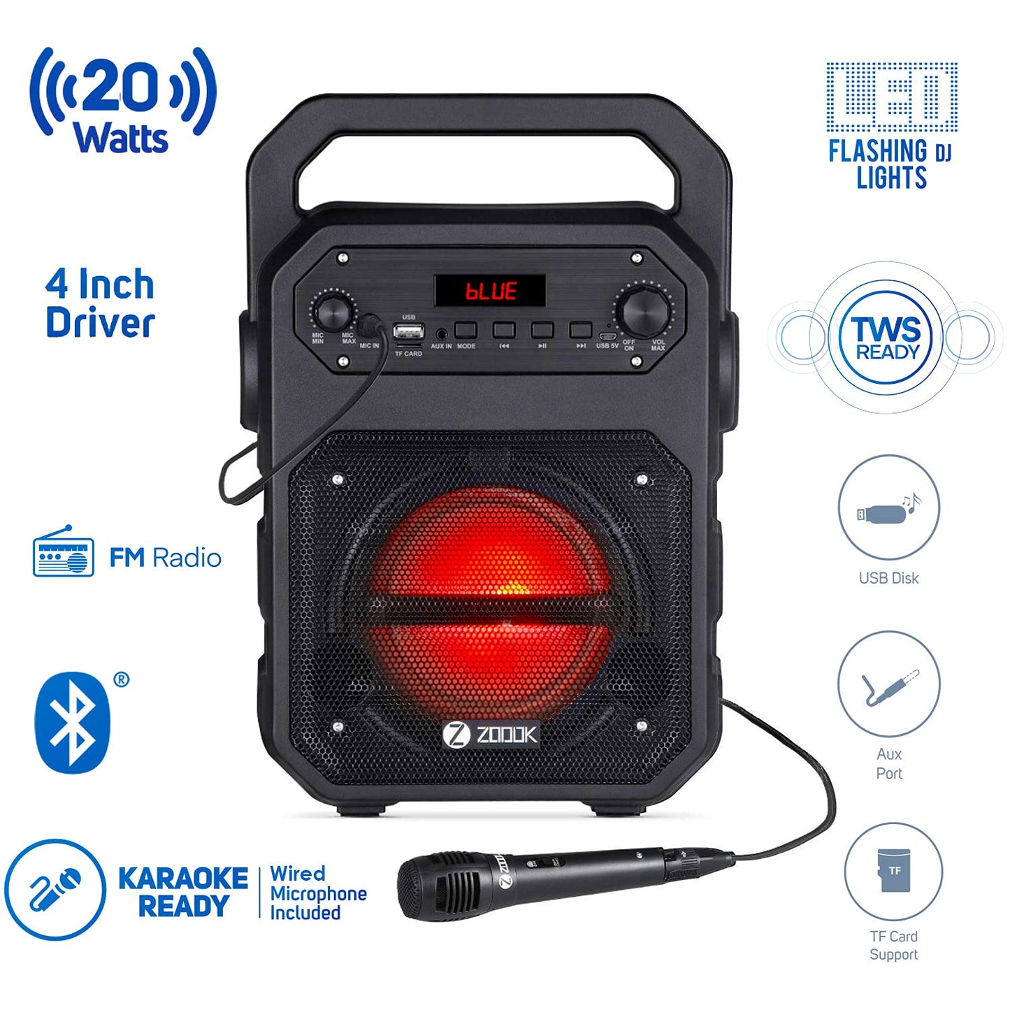 Zoook Rocker Thunder Bluetooth Party Speaker 20 watts with Karaoke Mic/TF/FM/Lights/USB/Party Speaker/ TWS/ echo control/ Bluetooth speaker/Portable speaker/Outdoor (Black)