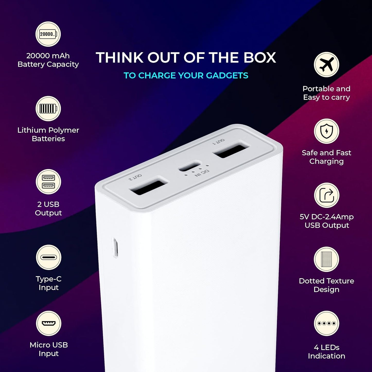 ERD PB-20KE 20000 mAh Li-Polymer Power Bank | Fast Charging Portable Charger to Charges 2 Devices Simultaneously for iPhones, Android Phones, Smart Watches & More