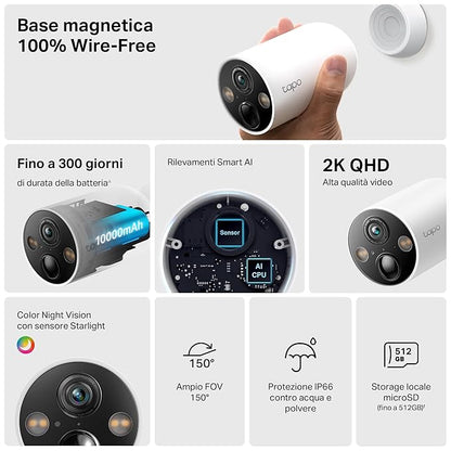 Tapo C425 Pack of 2 Wire-Free Indoor/Outdoor 2K QHD 4MP 1440p Battery Powered Smart Security Camera, Starlight Color Night Vision, Person/Pet/Vehicle Detection