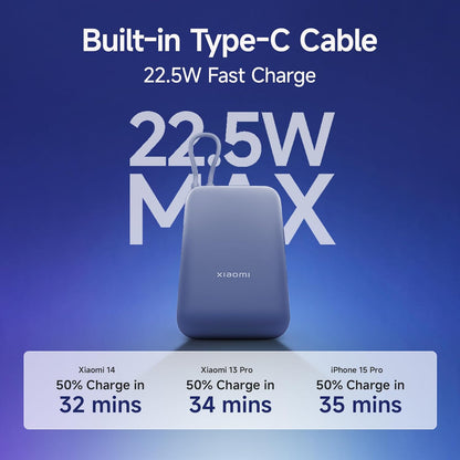 Xiaomi Pocket Power Bank 10000mAh 22.5W with Built-in Cable | Super Fast Charging PD |Smart 12 Layer Protection|Triple Output Ports|Supports Android,Apple, Tablets, Earbuds,Watch(MI Powerbank),