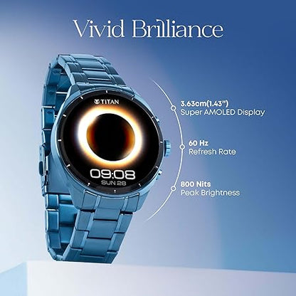 Titan Heritage 1.43" AMOLED Stainless Steel Bracelet Smart Watch for Men, BT Calling, Voice Assistant, Quick Health Measurement, Functional Crown, 3D UI, 60Hz Display, Fast Charging