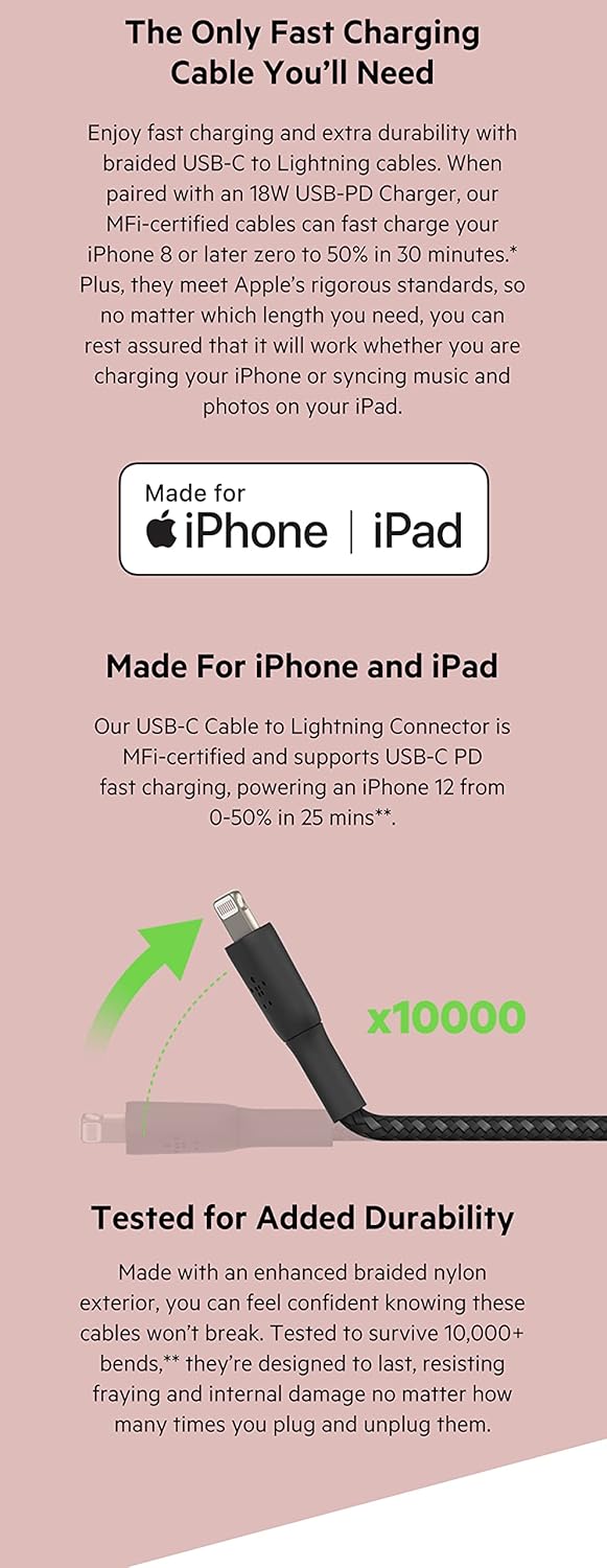 Belkin Apple Certified Braided Lightning to USB-C Charge and Sync Data Cables, 3.3 Feet / 1M, White