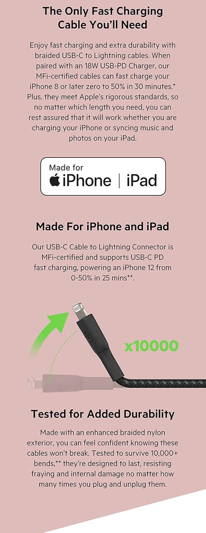 Belkin Apple Certified Braided Lightning to USB-C Charge and Sync Data Cables, 3.3 Feet / 1M, White