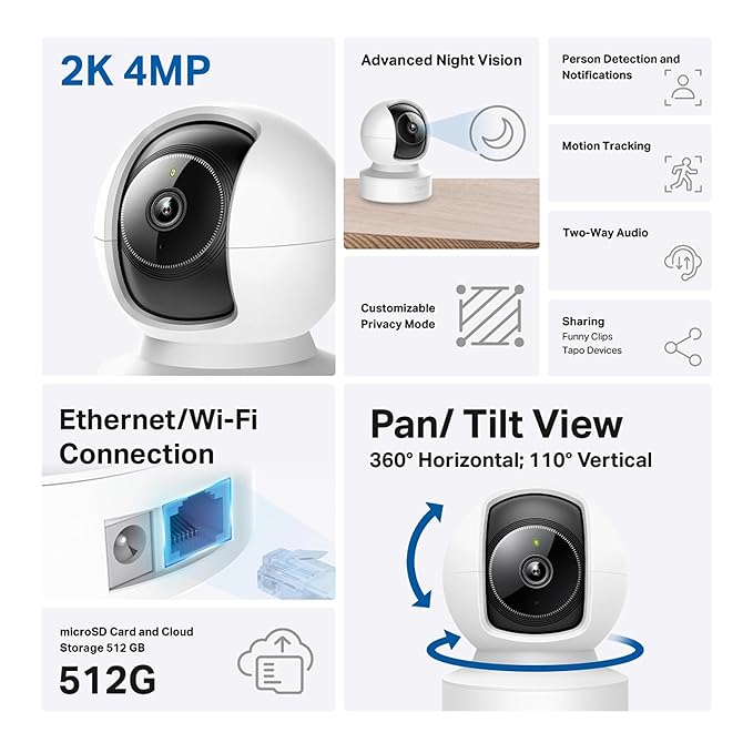 Tapo C222 2K QHD 1440p 4MP Pan/Tilt AI Smart Home Security Wi-Fi Camera| Works with Google Home and Alexa | 360º Ethernet/Wi-Fi Connection | Two-Way Audio| Advanced Night Vision