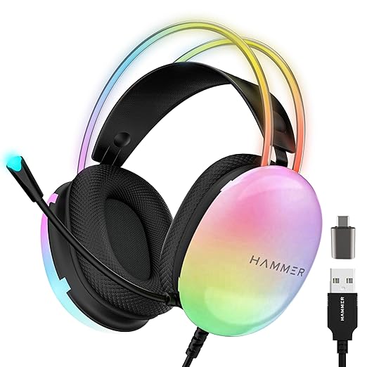HAMMER Blaze Wired Over Ear Gaming Headphones with Mic, 50mm Drivers, Full RGB Lights, Gaming Headset with Adjustable Bands, Breathable earcushion, 1.5Mtr Wire with USB