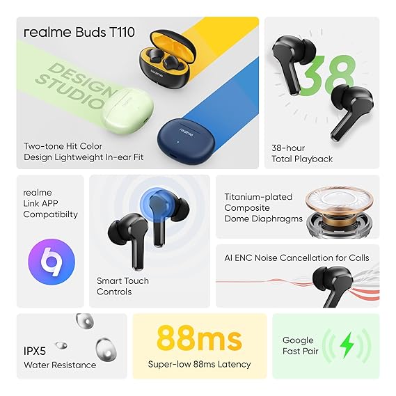 realme Earbuds T110 with Ai Enc for Calls, Upto 38 Hours of Playback and Fast Charging Bluetooth in Ear Headset