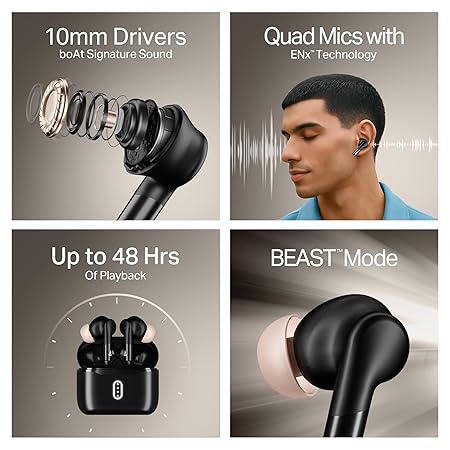 Boat Airdopes 148 Gen 2, 48H Battery, 4Mics ENx Tech, Beast Mode, ASAP Charge, Bluetooth Earbuds, TWS Ear Buds Wireless Earphones with mic