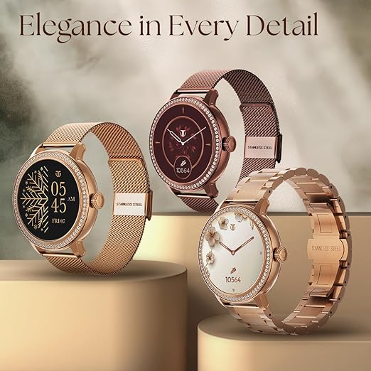 Titan Valerie 1.19" AMOLED Studded Stainless Steel Smart Watch for Women Latest, Next-Gen Chipset, Functional Crown, SOS & BT Calling, Women Wellness Suite, BP & Skin Temp Monitor,