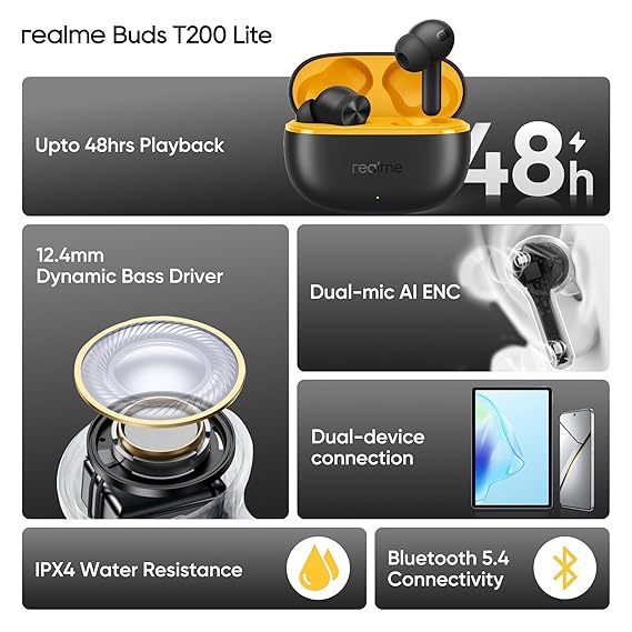 realme Buds T200 Lite Bluetooth in Ear Earbuds,4 Mic, AI ENC for Calls,48 Hours Total Playback with Fast Charging and Low Latency Gaming TWS,Google Fast Pair, with mic