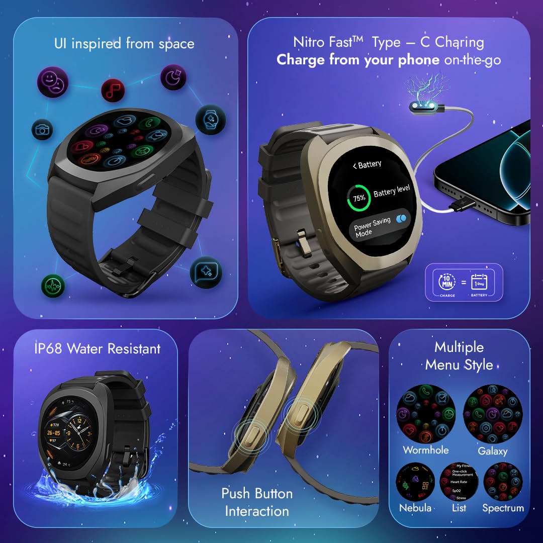 Fastrack Cosmix 1.32" AMOLED Display Metal Case Smart Watch with Heart Rate Monitor,AI Watchface & Chat,Push Button Interactions,BT Calling,IP68 Water Resistant Upto 5 Days Battery Life