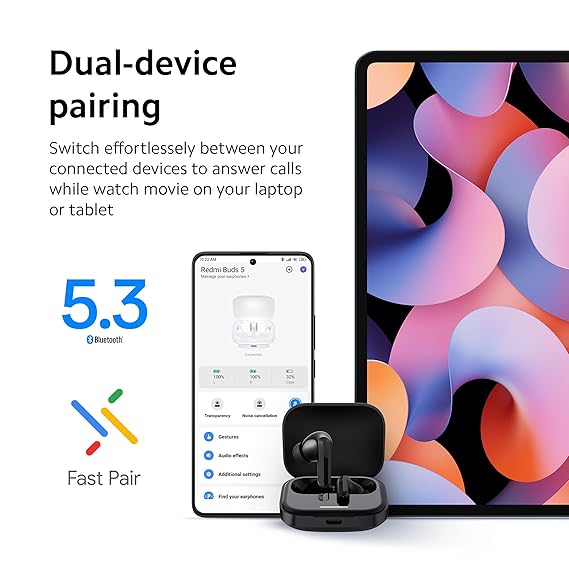 Redmi Buds 5 Bluetooth TWS Earbuds, Up to 46dB Hybrid Noise Cancellation, Quad Mic with AI Call Enhancement, 10mins Charge for 4Hours Life, Up to 38Hrs Playback