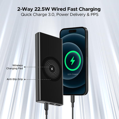 boAt Energyshroom PB310 Pro 10000Mah Powerbank|15W Wireless Charging & 22.5W Wired Charging,Non-Skid Surface W/ 1X Input & 3X Output Ports,Pass-Through Charging & Aluminium Casing