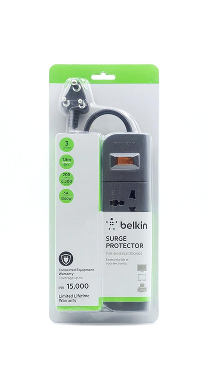 Belkin 3-Socket Extention Board with Surge Protector Universal Socket with 5Ft (1.5-Meter) Heavy Duty Cable Overload Protection, Comes with 5 Years...