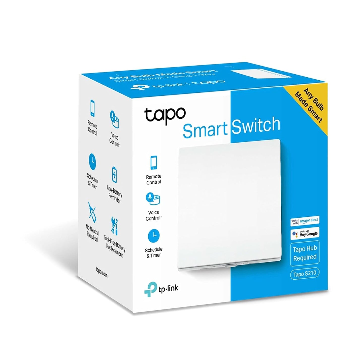 Tapo S210 Smart Light Switch 1 Gang 1 Way, Remote and Voice Control,Away Mode,No Neutral Required,Battery included,Work with Alexa & Google home, Tapo Hub Required sold separately
