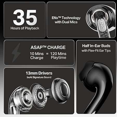 boAt Airdopes 101v2, 35H Battery, ENx Tech, 13mm Drivers, ASAP Charge, Flex-Fit Ear Tips,Stream Ad Free Music via App Support, Bluetooth Earbuds, TWS Ear Buds Wireless Earphones with mic