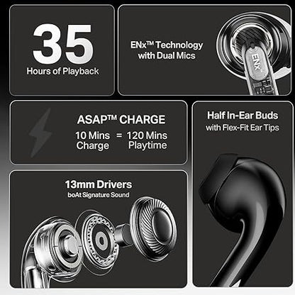 boAt Airdopes 101v2, 35H Battery, ENx Tech, 13mm Drivers, ASAP Charge, Flex-Fit Ear Tips,Stream Ad Free Music via App Support, Bluetooth Earbuds, TWS Ear Buds Wireless Earphones with mic
