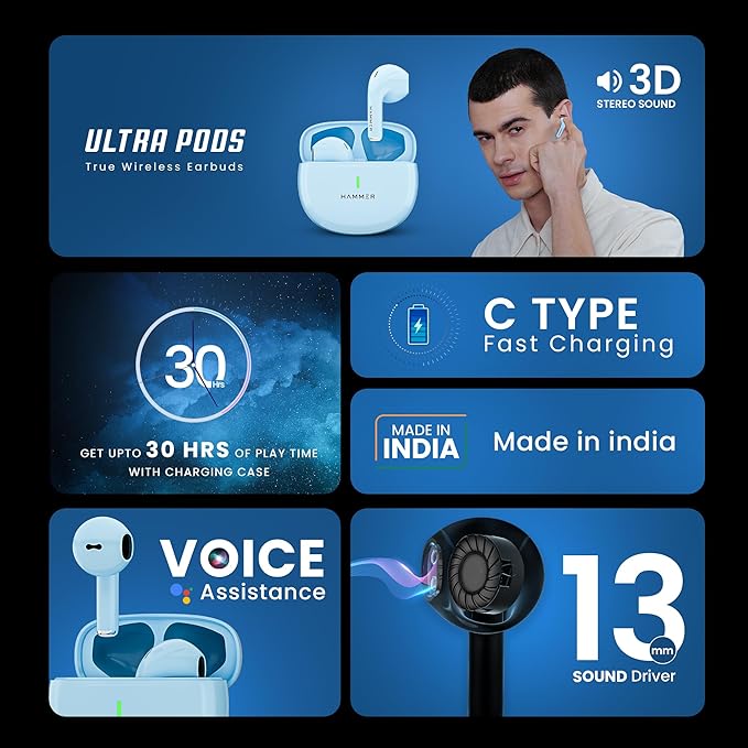 HAMMER New Launch Ultra Pods TWS Wireless Bluetooth Ear buds, Inbuilt Mic, 100H Standby Time, Earbuds with 30H Playtime, USB Type-C,13mm Dynamic Drivers, IPX5 Water Resistant Bluetooth Earphones