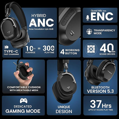 HAMMER Bash Pro 33 dB Hybrid ANC Over Ear Wireless Headphones, 4 Mics for Clear Calling, Charge 10mins = 300mins playtime, 40mm Driver, Transparency Mode, 37Hrs Playtime, Super soft Cushion, 5.3