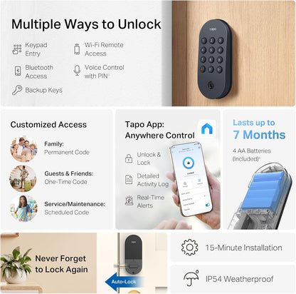 Tapo Smart Wi-Fi Deadbolt Door Lock ‚Äì Keyless Tactile Buttons, Customized Access with in-App Monitoring, Auto-Lock, IP54 Weatherproof, BHMA Grade 3, Compatible with Standard Door Sizes, Tapo DL100