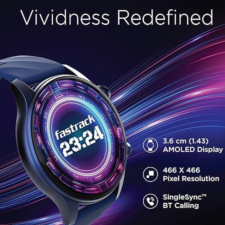Fastrack Vivid Pro Smart Watch|1.43" AMOLED Display with 466 x 466 Pixel Resolution | Functional Crown| SingleSync BT Calling|100+ Sports Modes & Watchfaces|AI Voice Assistant|in-Built Games